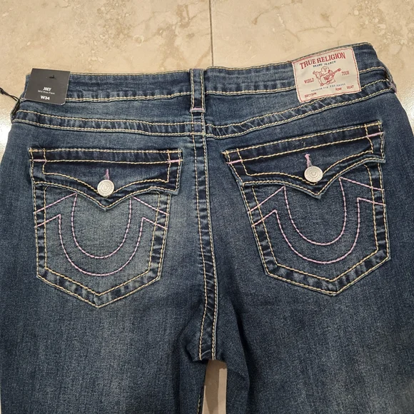 True Religion Women’s Jeans Joey Flap Flare Size 34 Y2K Blue Pink Thread Pockets - Picture 6 of 12